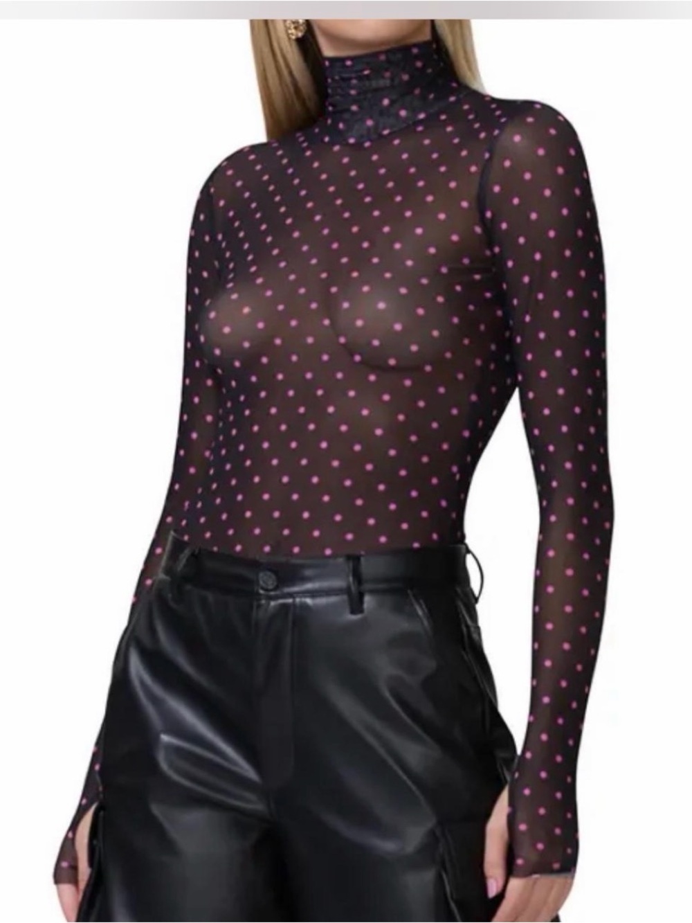AFRM BRAND NEW Sheer Black Long-Sleeve Turtleneck Top with Pink Polka Dots